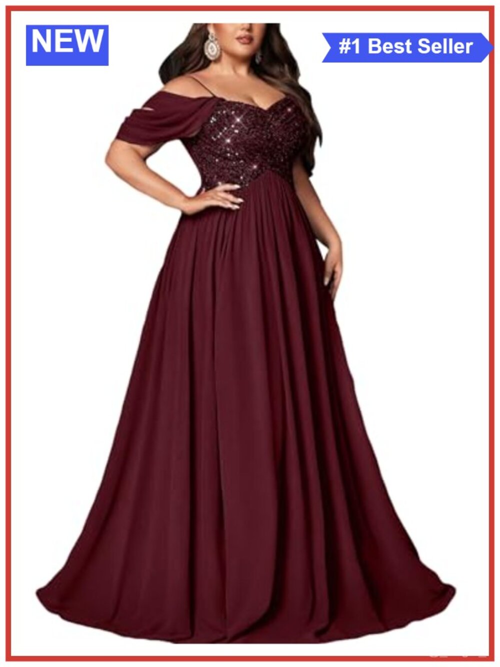 Plus Size Sequin Chiffon A-Line Formal Dress V Neck High Slit Gown